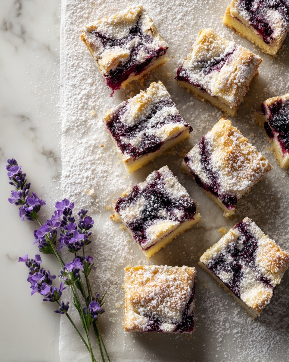 There are nine square pastries with a dusting of powdered sugar gathered on a sheet of parchment paper, arranged in a loose grid with some pieces slightly separated; each pastry has a marbled mix of light yellow dough and dark purple berry swirls creating a textured look on top, some areas showing cracks and a slightly rough surface. Near the lower left corner, a small bunch of purple lavender flowers with green stems lies gently on the parchment. The background is a white marbled texture. Photo taken with an iphone --ar 4:5 --v 7