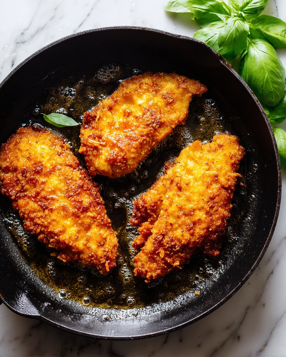 Three pieces of golden brown fried chicken are frying in a black cast iron pan. Each piece has a crispy, textured coating with a shiny, oily surface and some bubbling butter or oil around them. The pan shows a dark, well-used patina with light reflections on the oil. In the top right corner, bright green fresh basil leaves rest on a white marbled surface underneath the pan. The photo taken with an iphone --ar 4:5 --v 7
