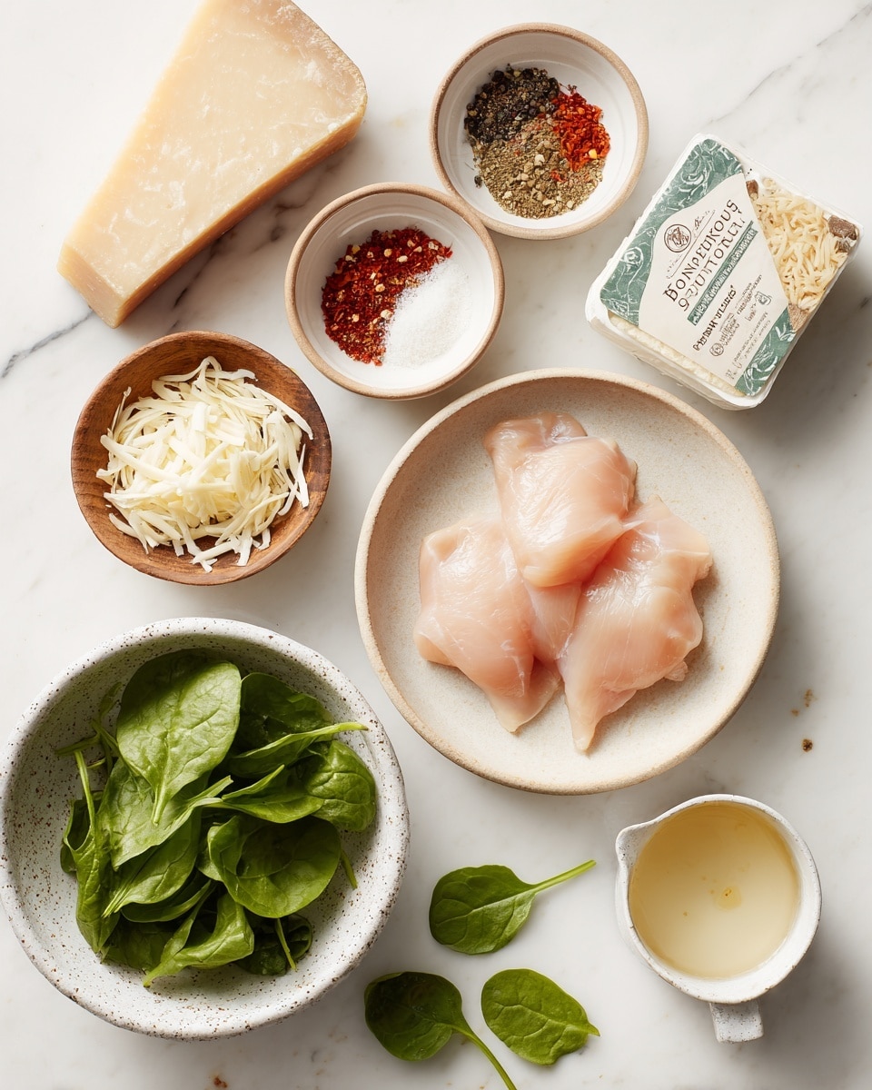 The image shows a flat lay of raw food ingredients on a white marbled surface. In the center is a light beige bowl with three pale pink chicken pieces, smooth and fresh. Below it, a white speckled bowl holds fresh green spinach leaves, some scattered around it. To the left, there is shredded white cheese in a small wooden bowl, with a few shreds spilled out. Above the chicken, a white bowl with a brown rim contains four piles of spices: black pepper, red paprika, garlic powder, and white salt. To the right is a small white cup with a light yellow liquid, and next to it, a packaged block of Boursin garlic and herbs soft cheese with green and red text. On the left side, a wedge of BelGioioso Parmesan cheese in clear packaging leans against the bowls. Photo taken with an iphone --ar 4:5 --v 7