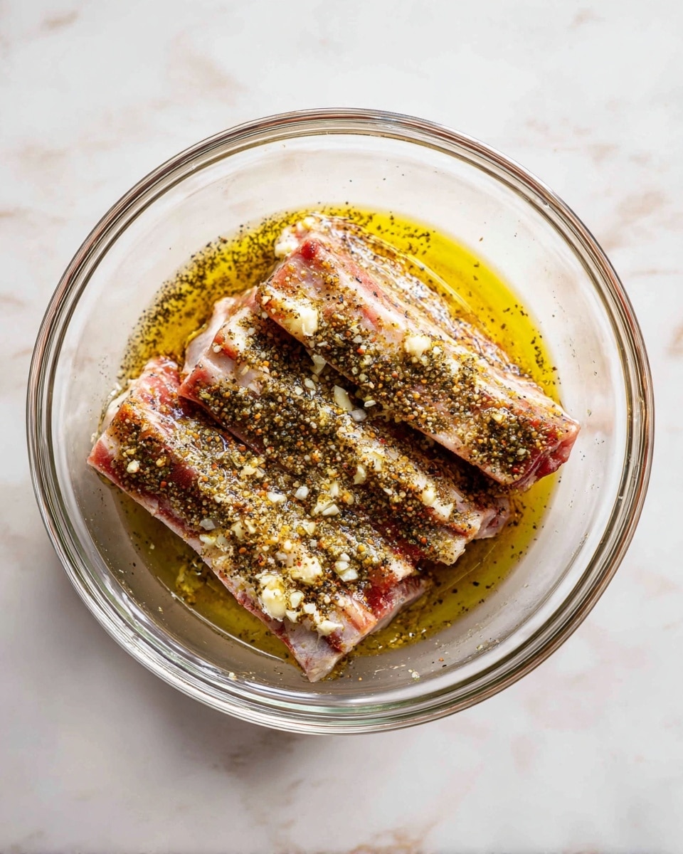 The first image shows a clear glass bowl with a mixture of light yellow oil, pale minced garlic or ginger, white salt, and black pepper sprinkled on top, all sitting on a white marbled surface. The second image has the same clear glass bowl now containing several raw ribs coated in the same seasoning mix, with visible textures of pink meat and some herbs or spices spread over them, also placed on a white marbled surface. photo taken with an iphone --ar 4:5 --v 7