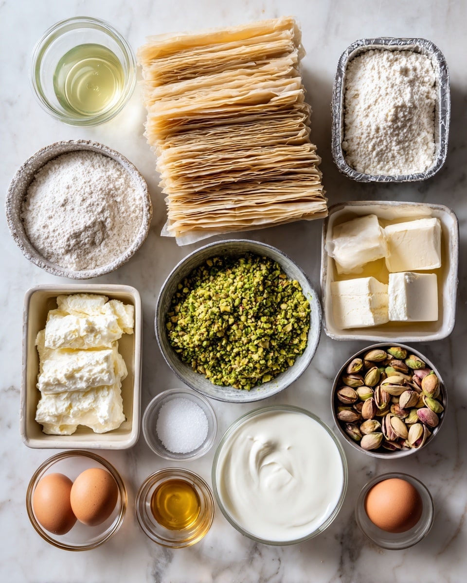 A close-up of a slice of layered dessert sitting on a white plate with a silver fork in front. The dessert has four clear layers: a golden brown triangular top made of thin, delicate, flaky pastry sheets; beneath it, a vibrant green layer of chopped pistachios packed tightly; under that, a thick, creamy pale yellow layer with a smooth texture; and at the base, a light brown crust sprinkled with small green pistachio bits. The surface under the plate shows a white marbled texture. Photo taken with an iphone --ar 4:5 --v 7