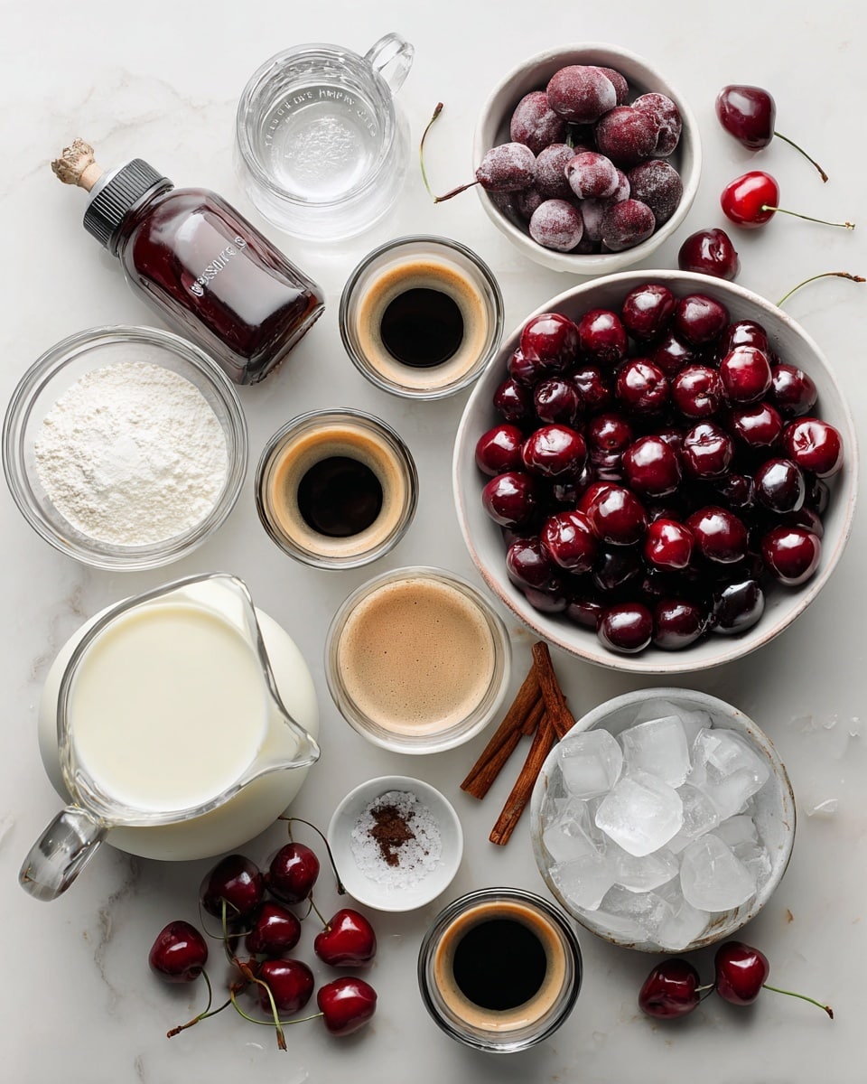 A white pot with a black rim is filled with bright red cooked cherries in deep red juice that looks thick and shiny. A wooden spoon rests inside the pot, holding some whole cherries and red liquid. The pot sits on a white marbled surface, with a few fresh cherries nearby, showing their smooth, shiny skin and stems. On the edge of the frame, part of a white bowl filled with fresh, bright red cherries is visible. Photo taken with an iphone --ar 4:5 --v 7