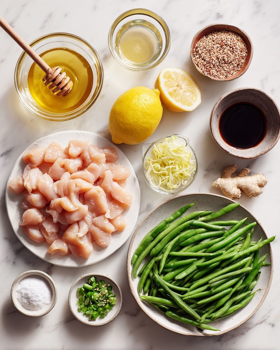 A black pan filled with cooked green beans and pieces of browned chicken in a shiny brown sauce, sprinkled with white sesame seeds and small green onion slices. On the right side, a thick slice of lemon with bright yellow flesh and a light green rind rests on top of the food. The green beans are long and bright green, scattered evenly among the chicken pieces, which are golden brown with some darker spots. The pan shows some light reflections on the sauce, giving it a glossy look. The background is a white marbled surface. photo taken with an iphone --ar 4:5 --v 7