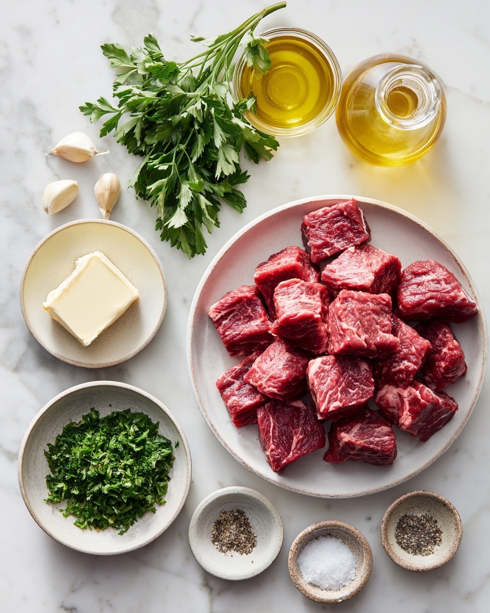 The image shows four steps of cooking beef in a white pan placed on a white marbled surface. The first layer shows raw beef cubes with a reddish color, seasoned with black pepper, in the pan. The second layer shows the beef cubes after partial cooking, turned light brown and evenly spread out. The third layer features minced garlic sizzling in melted butter inside the pan, the butter pooling slightly and turning golden. The final layer displays the beef cubes fully cooked, browned on some sides, showing a mix of deep brown and light brown colors with a spoon resting on the pan's edge. A white bowl with butter and a small glass bowl with chopped garlic are placed near the pan, along with fresh green parsley in the background. Photo taken with an iphone --ar 4:5 --v 7