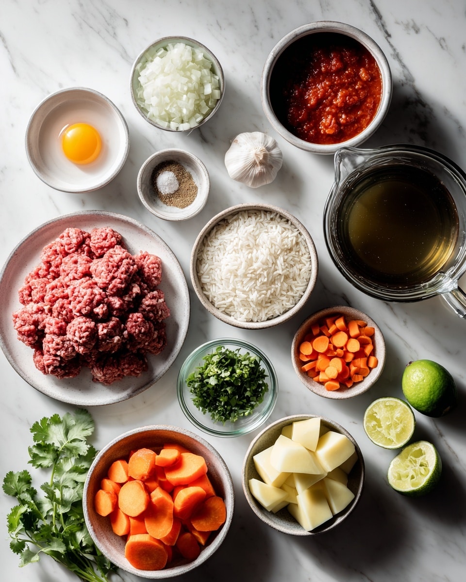A set of three images side by side shows the process of making meatballs. The first image has a white bowl with raw ground meat that is bright pink, topped with a raw egg yolk which is bright yellow and shiny, chopped white onions, white uncooked rice, and light beige spices all placed separately on top. The second image shows the same bowl with the ingredients mixed together into a rough, chunky, reddish mixture with small white bits visible throughout. The third image is a white plate filled with evenly spaced raw meatballs, round and textured with small bits of onions and rice visible, all ready for cooking, placed on a white marbled surface. Photo taken with an iphone --ar 4:5 --v 7