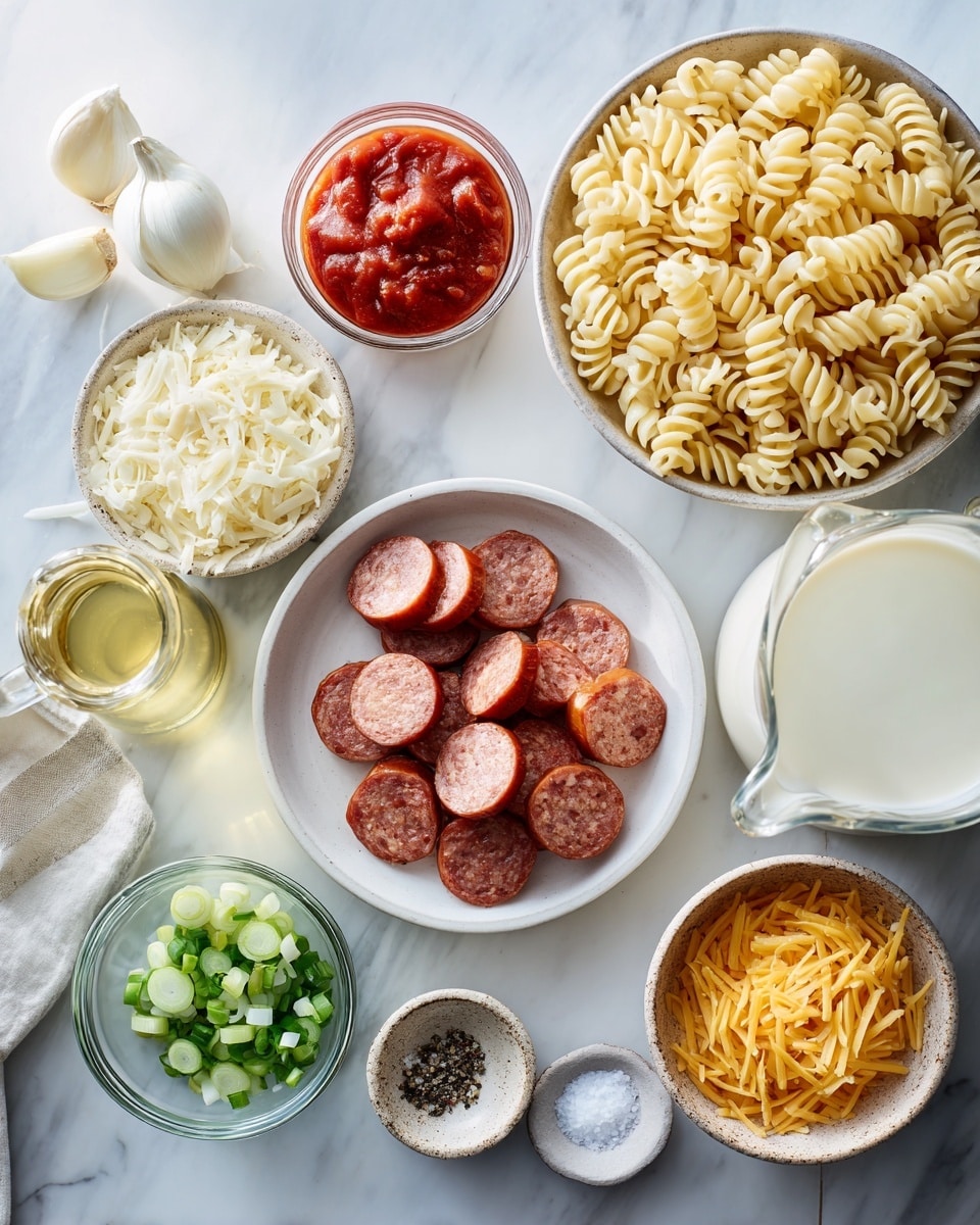 A large black pan filled with a cheesy pasta dish with rotini and bowtie noodles mixed together. The pasta is covered in melted orange cheese and has pieces of browned sausage mixed in, along with scattered green onion slices on top for color. A wooden spoon lifts a portion of the pasta, pulling stringy, melted cheese with it. The background has a soft gray wall and the surface is a white marbled texture. A woman's hand holds the wooden spoon. photo taken with an iphone --ar 4:5 --v 7