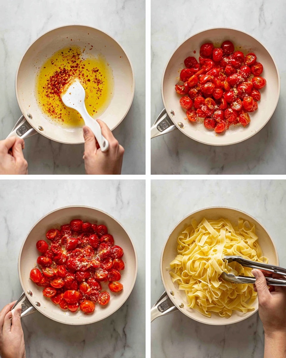 A set of four images showing the cooking process in a white pan on a white marbled surface: the first image has one layer of golden oil with small red chili flakes being stirred by a woman's hand using a white spatula; the second image shows a thick layer of bright red halved cherry tomatoes with sprinkled salt on top filling the pan; the third image shows the softened red cherry tomatoes becoming juicy with the woman's hand stirring them again with the spatula; the fourth image adds a top layer of cooked pale yellow wide pasta ribbons on top of the tomatoes as a woman's hand holds silver tongs mixing the layers, photo taken with an iphone --ar 4:5 --v 7