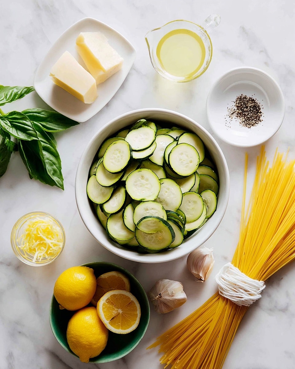 A white bowl filled with many thin round slices of green zucchini sits on a white marbled surface. Around it, there is a white dish with two squares of pale cheese, a white dish with a light yellow liquid, and a small white plate with crushed black pepper. To the right, a bunch of yellow dry spaghetti tied with white string rests on the white marbled surface, next to a small white bowl with two garlic cloves. In the foreground, a clear measuring cup holds a light yellow liquid, and a green plate holds a small white bowl with yellow lemon zest and two lemon halves, along with a whole lemon. Fresh green basil leaves are scattered on the white marbled surface. photo taken with an iphone --ar 4:5 --v 7