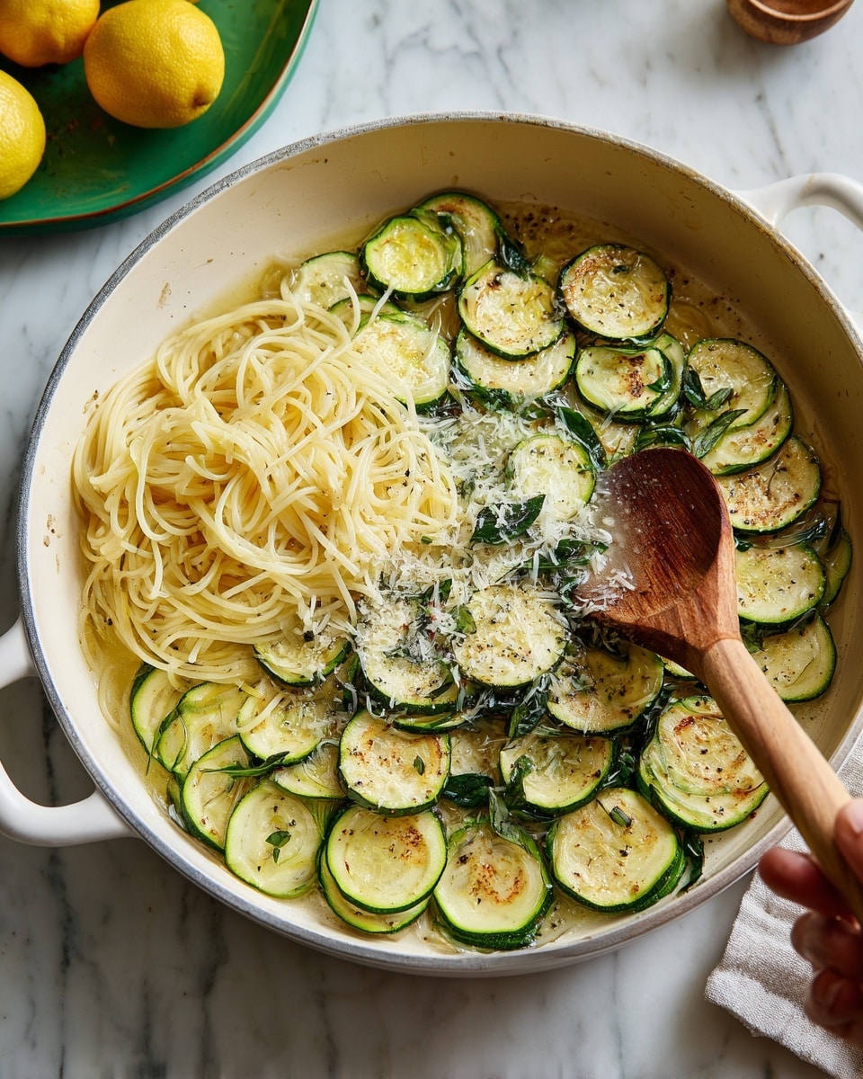 A white pan with thin green zucchini slices spread evenly in the bottom layer, followed by the same zucchini slices now lightly browned and stacked on a white paper towel. Next, the pan shows a layer of melted butter with small black seasoning specks and a wooden spoon inside. Then the pan has the browned zucchini slices again, with liquid being poured in by woman's hand. Another layer shows cooked pale yellow spaghetti noodles piled in the pan with grated white cheese sprinkled on top, resting on zucchini slices below. Finally, the pan contains mixed spaghetti, zucchini, and green basil leaves being stirred with a wooden spoon. The background is a white marbled surface with a green plate holding lemons seen at the side, photo taken with an iphone --ar 4:5 --v 7