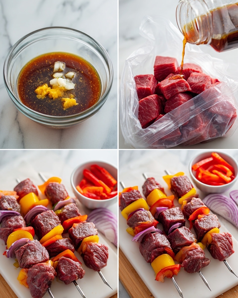 The image shows four steps to make beef kabobs arranged in a grid on a white marbled background. In the top left corner, a clear glass bowl holds a dark brown marinade with dollops of creamy mustard and minced garlic on top, and raw red beef chunks nearby. The top right corner shows raw beef cubes inside a clear plastic bag, with a woman’s hand pouring the marinade from a glass container into the bag. In the bottom left corner, the same plastic bag is filled with beef pieces soaked in marinade, sealing tightly. The bottom right corner features four metal skewers threaded with layers of browned beef chunks, bright red bell pepper pieces, and purple onion slices, all lying on a white board with bowls of extra red bell pepper and onion slices nearby. Photo taken with an iphone --ar 4:5 --v 7