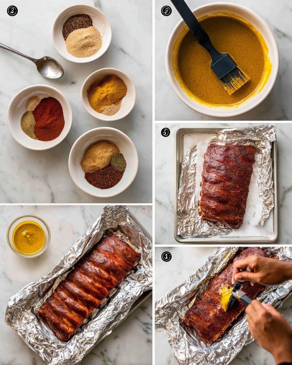 A collage of six images shows the making of ribs with dry rub and sauce. The first image shows a white bowl with piles of different dry spices: red, brown, and beige powders, with a silver spoon to the side and a small bowl of yellow mustard near the bottom right on a white marbled surface. The second image shows the same bowl with the spices mixed into a light brown powder with a black spoon resting inside. The third image shows two large raw ribs on white parchment paper in a white tray, being brushed with yellow mustard by a brush held by a woman's hand. The fourth image shows the ribs fully covered in the dry rub, resting on a sheet of aluminum foil on the white marbled surface. The fifth image shows the ribs being wrapped tightly in the foil with the woman's hands sealing the edges over the white marbled surface. The last image shows the ribs cooked and darkened with a rich red-brown color on the foil, being brushed with sauce by the woman's hand holding a brush. Photo taken with an iphone --ar 4:5 --v 7