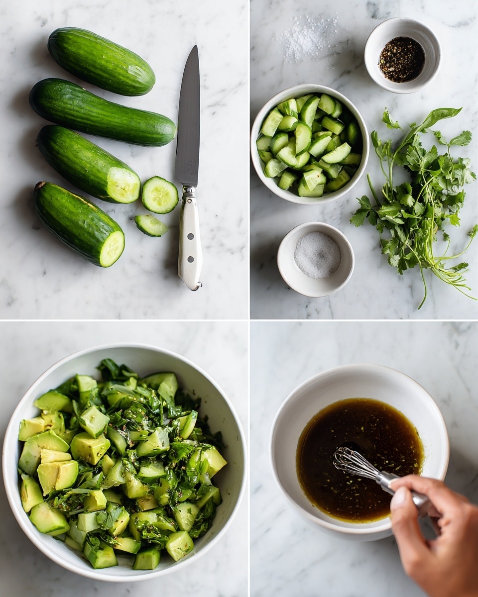 This image shows a four-part step-by-step process of making a green cucumber and avocado salad. The first part on the top left shows three whole green cucumbers on a white marbled surface, with one cucumber sliced into chunks next to a silver knife with a white handle, and some sliced cucumber pieces in a white bowl. The second part on the top right shows a woman's hand holding a small whisk stirring a thick dark brown sauce in a white bowl, with a black spoon of salt and a small amount of liquid in other white bowls nearby on the white marbled surface. The third part on the bottom left shows a white bowl filled with chunky green cucumber slices, avocado chunks, and fresh green herbs like cilantro, all sitting on a white marbled surface with extra herbs and a small bowl of dressing nearby. The last part on the bottom right shows a close-up of the white bowl with the salad as a woman’s hand pours the dark brown dressing evenly over the cucumber and avocado mix, highlighting the fresh, vibrant green colors and textures of the salad ingredients. Photo taken with an iphone --ar 4:5 --v 7