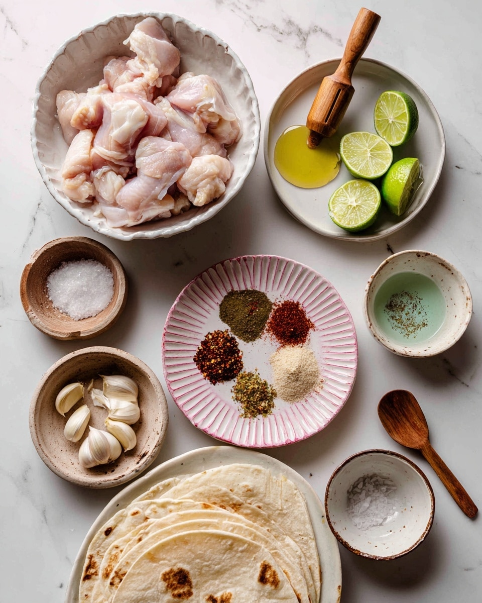 The image shows several small white bowls and plates on a white marbled surface, each with different ingredients. In the top right, a white plate holds lime wedges and a half lime being squeezed with a wooden citrus reamer. A small white scalloped bowl near the center contains three piles of spices in reddish-brown, green, and light brown colors. Below it, a pink ridged plate holds garlic cloves with their skins peeled off. To the left, a white bowl is filled with raw light pink chicken thighs. Near the bottom center, a pale off-white plate stacks lightly charred corn tortillas. Scattered small bowls hold salt, oil, and other spices, and wooden spoons rest inside some of the bowls. The scene is neat and well lit, with all items arranged clearly for use. photo taken with an iphone --ar 4:5 --v 7