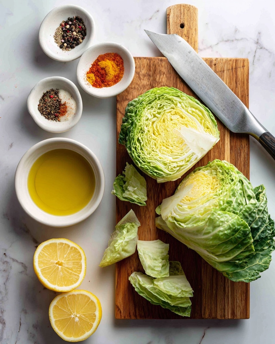 The image shows a wooden cutting board on a white marbled surface holding a large green cabbage, partially cut into large pieces scattered around the board. To the top left, there is a white bowl with four colorful spices in separate piles – white, orange, reddish-orange, and black pepper. Next to it, there is a white small bowl filled with a golden yellow liquid, likely oil. At the bottom left, there is another white bowl containing lemon wedges, and just below it, a half lemon placed directly on the white marbled surface. A large knife with a silver blade and black handle rests on the top right corner of the cutting board. The composition is bright and clean, with fresh textures and colors. Photo taken with an iphone --ar 4:5 --v 7