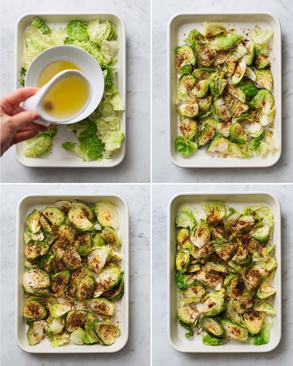Four images show the steps of preparing and cooking cabbage on a white baking tray placed on a white marbled surface. The first image shows torn green cabbage leaves spread across the tray with a woman's hand pouring oil from a small white bowl over them. The second image shows the cabbage with a sprinkling of brown spices on top, giving it a speckled look. The third image displays the cabbage pieces more evenly coated with the spices and oil, slightly darker and more textured. The fourth image shows the cabbage cooked, with the pieces now golden brown and crispy with some darker edges, filling the tray fully. Photo taken with an iphone --ar 4:5 --v 7