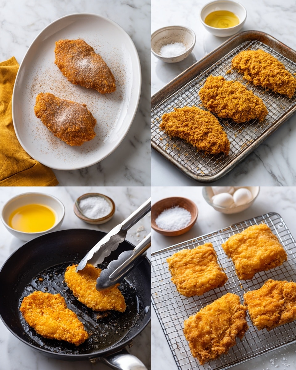 The image shows four steps of making crispy fried chicken. In the top left, two raw chicken pieces are laid flat on a white oval plate, sprinkled with seasoning powder. The top right shows four chicken pieces coated with a light tan crumb mixture set on a metal grill over a white surface, with small white bowls of beaten eggs and crumbs nearby. The bottom left shows two crumb-coated chicken pieces frying in a black pan with oil, one piece being held by silver tongs. In the bottom right, the cooked chicken pieces turn golden brown and crispy, placed on a metal rack with some coarse salt sprinkled on top. A small white dish with coarse salt and a mustard-yellow cloth add contrast around the chicken. The background is white marble photo taken with an iphone --ar 4:5 --v 7