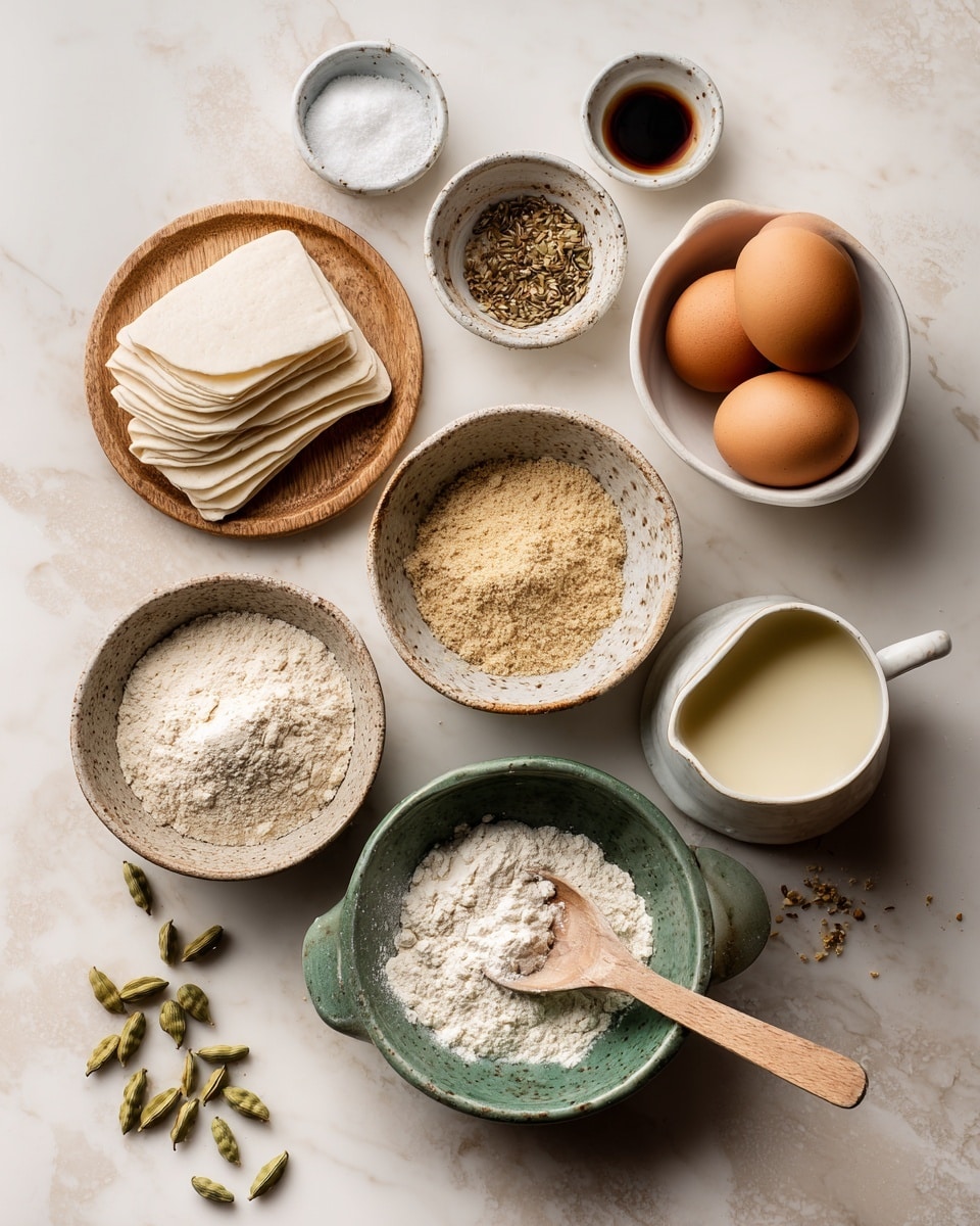 The image shows various baking ingredients placed on a white marbled surface. There are two brown eggs resting in a white bowl at the top right. Below the eggs, a small speckled bowl holds light brown breadcrumbs. To the bottom right, a small white pitcher contains a creamy liquid. A green bowl at the bottom center is filled with white flour, with a wooden spoon resting inside it. Above the flour, a speckled bowl contains a beige powder with a small white spoon on top. On the left side, a wooden plate holds folded white sheets of dough. Next to it, a round bowl contains a light beige powder, and above it is a smaller green bowl with a coarse brown spice or seeds. A metal spoon filled with white salt and a tiny white dish of dark syrup (vanilla) are near the top left. Some green cardamom pods are scattered on the marbled surface around the bowls. Photo taken with an iphone --ar 4:5 --v 7