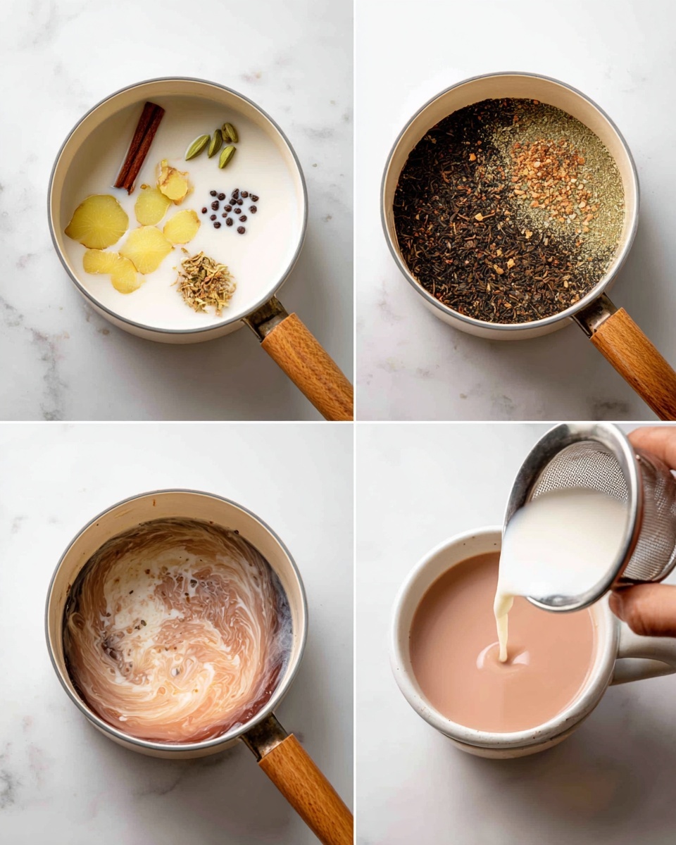The image shows four steps of making a spiced milk tea in a white saucepan with a wooden handle, placed on a white marbled surface. In the first step, the saucepan contains white milk with floating yellow ginger pieces, green cardamom pods, black peppercorns, and a brown cinnamon stick. In the second step, the saucepan is filled with dark brown tea with ground tea leaves being added from a small round container above. In the third step, white milk is poured into the dark brown tea, creating swirling patterns in the liquid. The fourth step shows a close-up of pinkish tea being poured through a small metal strainer with used tea leaves and spices on top of a white cup. Woman's hand is slightly visible pouring the tea in the last frame. Photo taken with an iphone --ar 4:5 --v 7