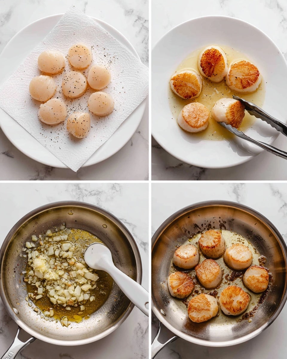 The image shows four stages of cooking scallops arranged in a collage on a white marbled surface. The top left shows one layer of raw scallops, pale pink with a moist and smooth texture, sitting on white paper towels on a white plate, sprinkled lightly with black pepper. The top right shows one layer of scallops browned to a golden, crispy surface, frying in a shiny steel pan with some oil visible, a pair of silver tongs holding one scallop. The bottom left shows the pan with a single layer of finely chopped garlic sizzling in golden oil, being stirred gently with a white spatula. The bottom right shows one layer of scallops again, this time a darker golden-brown with garlic pieces on top, still in the pan with oil glistening around. Photo taken with an iphone --ar 4:5 --v 7