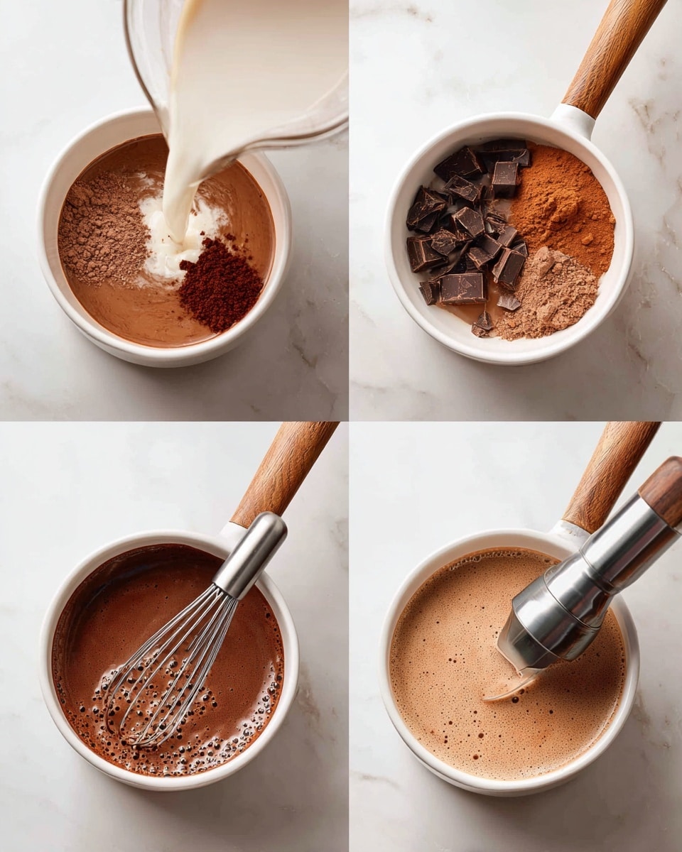 The image shows four stages of making hot chocolate in a white pot with a wooden handle on a white marbled surface. The top left shows a white liquid being poured into the pot, smooth and creamy. The top right shows different ingredients added to the pot: dark brown cocoa powder, cinnamon powder, and chocolate chunks floating on the surface, creating a mix of dark browns and reds. The bottom left shows a whisk inside the pot with the mixture blended into a rich dark chocolate liquid with some bubbles. The bottom right shows a smooth, thick, and frothy chocolate drink being blended with a metal hand blender, light brown and creamy. Photo taken with an iphone --ar 4:5 --v 7
