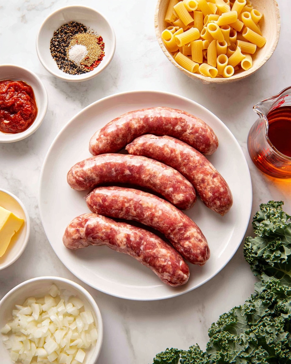 A white plate holds five raw sausages with a pinkish color and visible marbling, placed on a white marbled surface. Around the plate are small white and brown bowls filled with various ingredients: one with red crushed pepper, black pepper, and salt; one with chopped garlic; one with tomato paste showing deep red color; one with small white diced onions; one with ring-shaped pasta in a light yellow color; one with grated cheese in small crumbles; one with yellow butter; and a clear glass measuring cup filled with a reddish-brown liquid. Fresh green kale leaves are scattered around the scene. Photo taken with an iphone --ar 4:5 --v 7