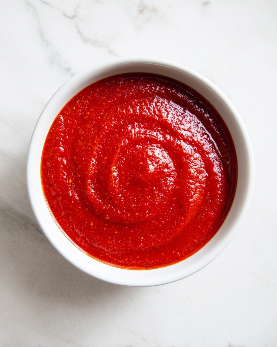 A white bowl filled with a smooth, thick, bright red sauce that has a shiny surface. The sauce covers the entire bottom of the bowl and some sauce is splashed around the inside edges, creating bright red streaks on the white bowl. The bowl is set on a white marbled surface, and the image is taken from above, showing only the bowl and sauce clearly. Photo taken with an iphone --ar 4:5 --v 7
