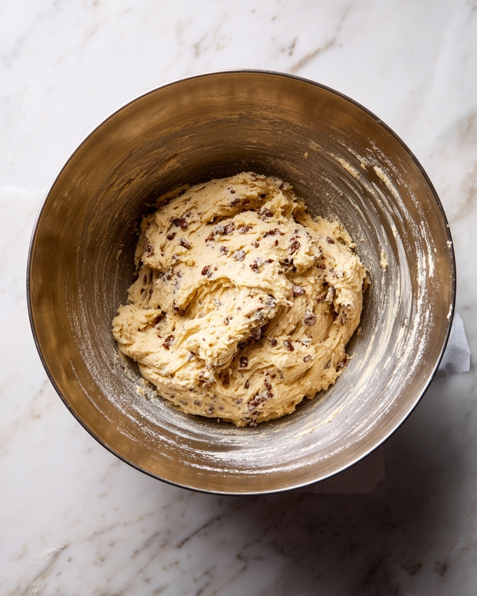 A shiny metal bowl holds a rough, creamy dough mixed with small dark brown bits evenly spread throughout. The dough is light golden color with a soft texture, sitting in the center of the bowl which shows marks from mixing. The bowl is placed on a white marbled surface, with a white pack lying nearby on the right side. photo taken with an iphone --ar 4:5 --v 7
