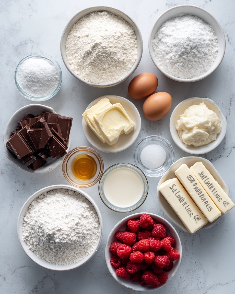 The image shows an overhead view of various baking ingredients neatly arranged on a white marbled surface. There are white bowls filled with white flour, white granulated sugar, and a white powdered ingredient, alongside smaller clear glass bowls holding salt, baking powder, and another white powder. Two brown eggs sit near a small glass bowl of golden vanilla extract, a white bowl with a light yellow liquid, and a white bowl with cream or milk. Two sticks of unsalted butter wrapped in white paper labeled