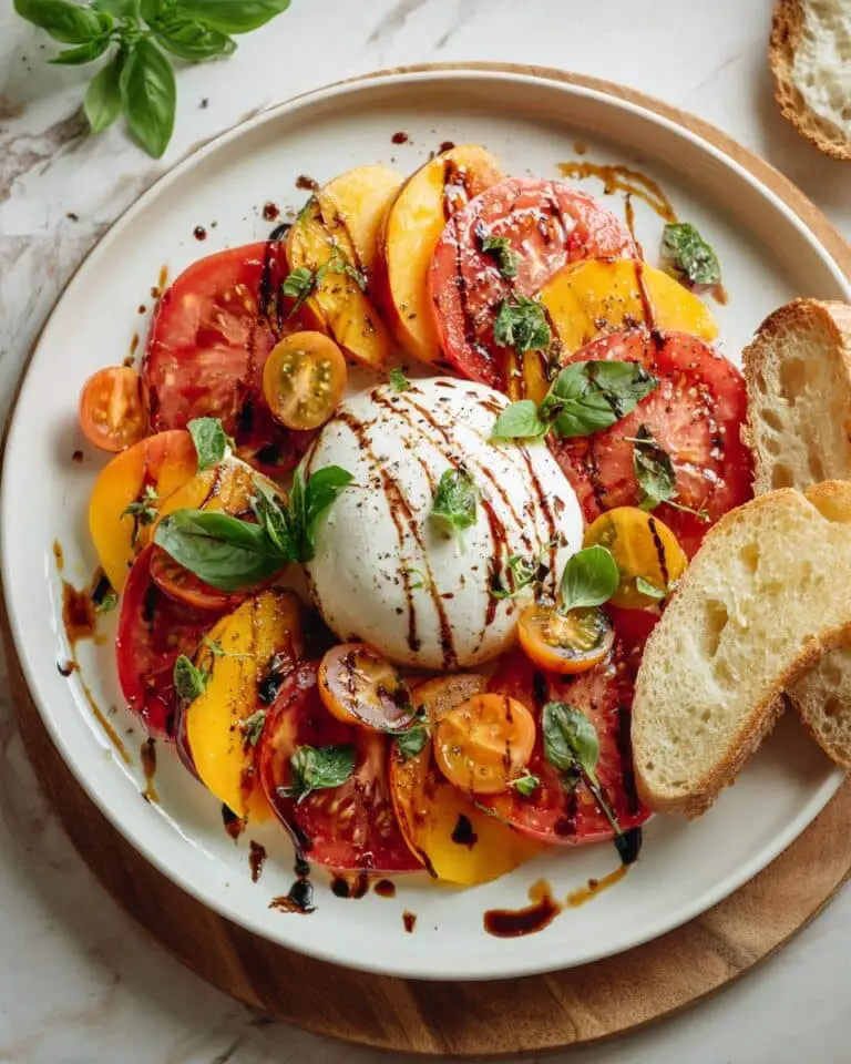Peach Burrata Salad with Balsamic Glaze and Fresh Basil Recipe
