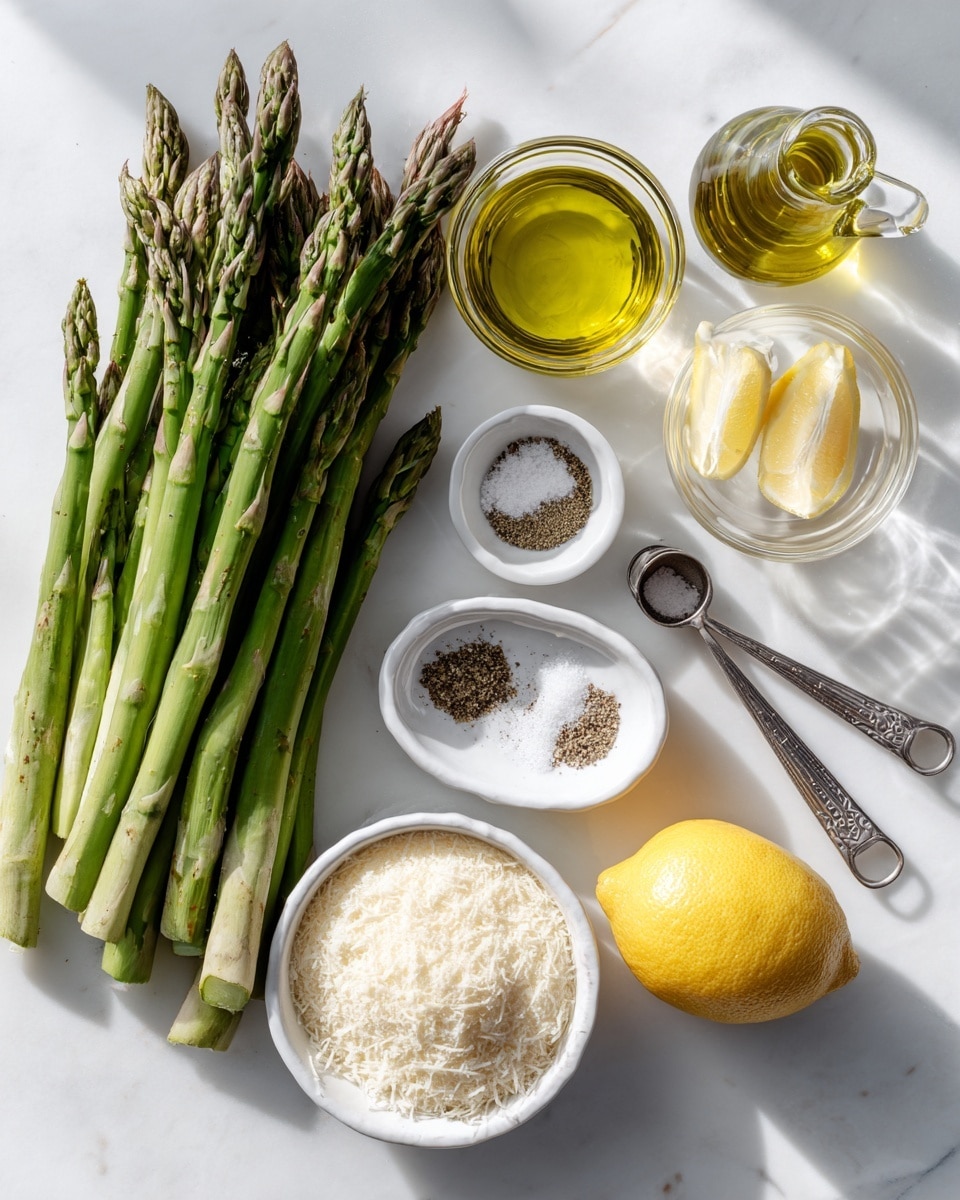 The image is divided into four parts showing a step-by-step process of preparing asparagus. In the first part, a bundle of fresh green asparagus with purple tips is held together by a blue rubber band, with a half lemon and small white bowls of ingredients partially visible on a white marbled surface. The second part shows the asparagus laid out side by side on a metal baking sheet. In the third part, shredded light yellow cheese is spread evenly over the asparagus on the baking sheet. The fourth part shows the asparagus with melted cheese covering parts of the asparagus, still placed on the metal baking sheet, all set on a white marbled surface photo taken with an iphone --ar 4:5 --v 7