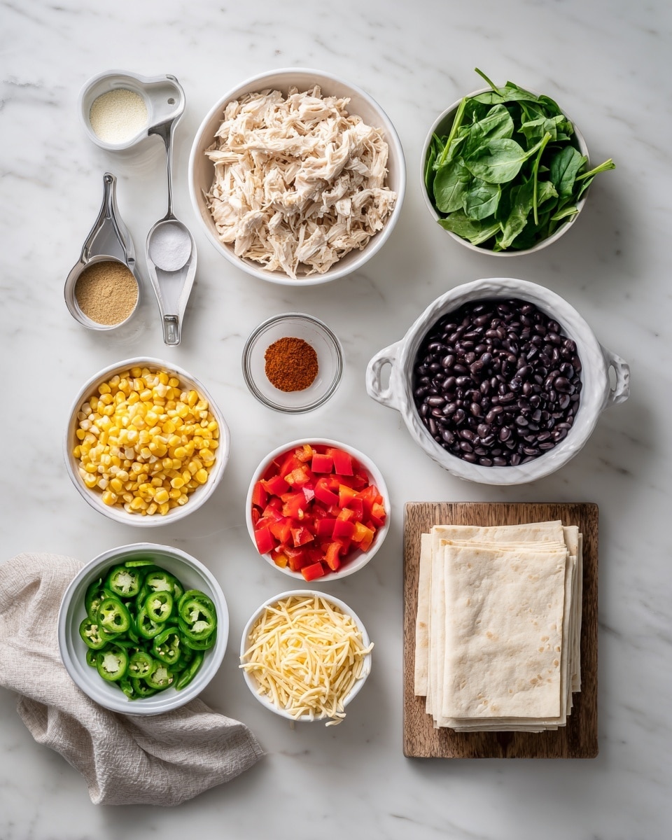A white bowl sits on a white marbled surface with a striped cloth nearby. Inside the bowl, there are five distinct layers of colorful, chopped ingredients arranged in separate sections: small chunks of light pink cooked chicken, bright green chopped celery, deep black beans, vibrant red diced tomatoes, fresh green cilantro leaves, and yellow corn kernels. In the second image, these ingredients are mixed together, showing a combined texture with shredded white cheese sprinkled on top. A woman's hand holds a wooden spoon stirring the mix. Photo taken with an iphone --ar 4:5 --v 7