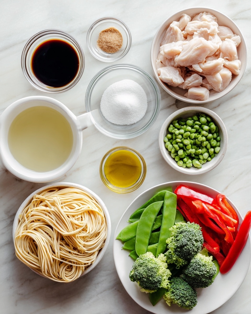 A clear glass bowl holds a brown sauce mixed with finely chopped light brown bits, a spoon inside it, set on a white marbled surface; next to it, a white colander containing plain cooked light yellow noodles sits with two fresh green pea pods nearby. In a white pan on a wooden handle, cooked light golden strips of chicken are spread out. Another white pan contains bright green broccoli florets, red bell pepper strips, and snap peas, showing a fresh vegetable stir-fry. The same vegetables are shown cooked with a dark glossy sauce covering them in a white pan on the same white marbled surface. Finally, the white pan displays a mixed stir-fry of noodles, chicken strips, and colorful vegetables all combined together. Photo taken with an iphone --ar 4:5 --v 7