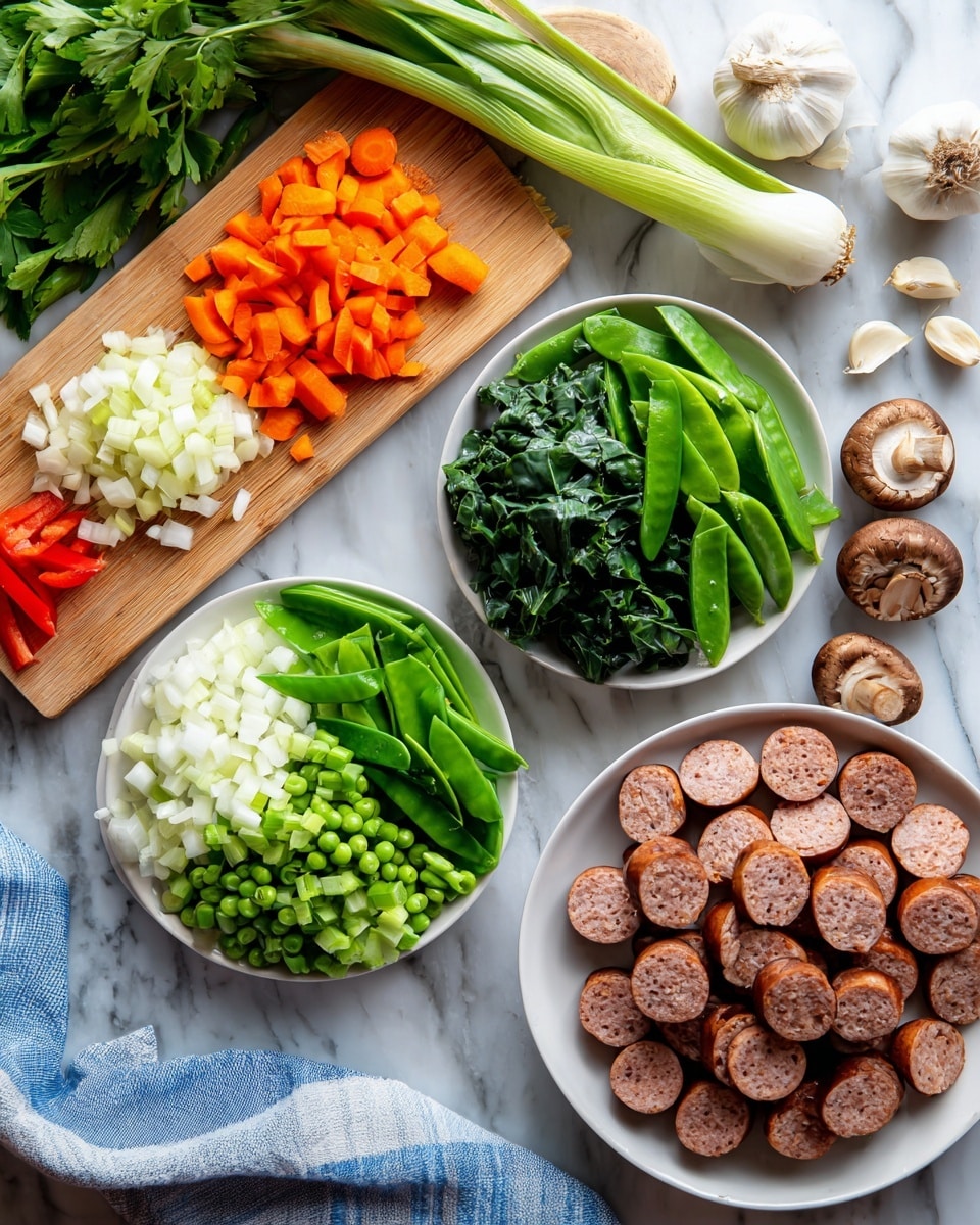 A white plate is filled with a base layer of fluffy white rice, topped with a colorful stir-fry mix. On the rice, there are three noticeably round sausage slices, browned on the surface. Around the sausage are bright orange carrot slices, green snap peas, chopped celery, small pieces of red bell pepper, dark green leafy vegetables, and bits of mushrooms, all mixed together. The food sits on a white marbled surface with a blue and white striped cloth nearby, and two whole mushrooms are placed to the side. A woman's hand holds a fork close to the plate. photo taken with an iphone --ar 4:5 --v 7