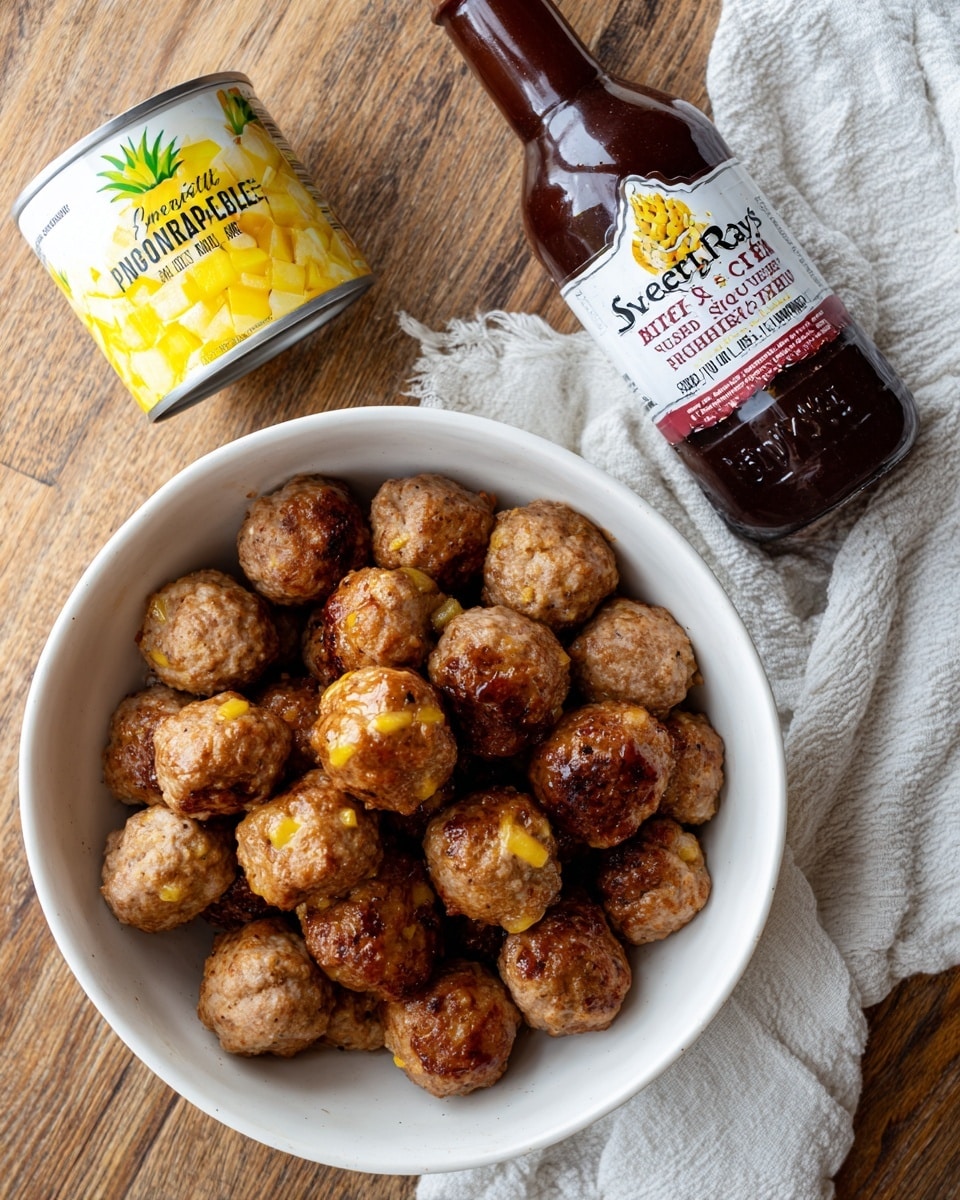 A white bowl filled with about two layers of small, round, lightly browned meatballs with a slightly rough texture sits on a wood floor. To the upper left of the bowl is a can of pineapple chunks with a yellow and white label featuring images of pineapple and text. To the upper right of the bowl is a bottle of dark brown barbecue sauce with a white and blue label that reads