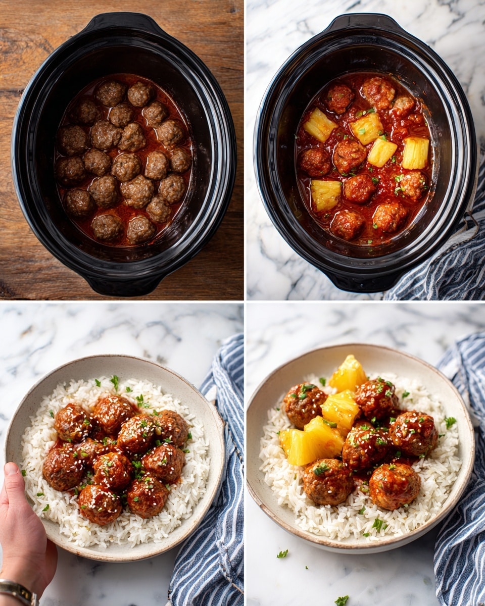 The dish shows four stages: first, a black slow cooker filled halfway with small browned meatballs resting on a wooden surface; second, the same meatballs topped with reddish sauce and small light yellow pineapple chunks; third, the meatballs fully covered in thick sauce mixed with softened pineapple pieces inside the black slow cooker; and lastly, the finished meal served on a white plate with a bed of fluffy white rice, topped with glossy brown meatballs, pineapple pieces, sprinkled with white sesame seeds and small green herbs on a white marbled surface with a blue-striped cloth nearby, woman's hand holding the plate on one side. photo taken with an iphone --ar 4:5 --v 7