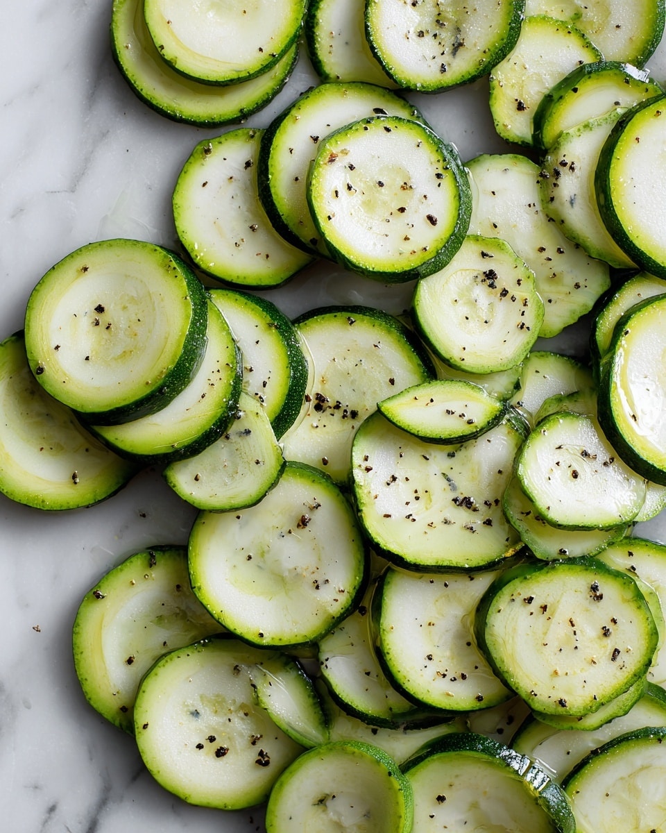 A white pan filled with cooked mushrooms and green zucchini slices, both lightly browned and shiny with a sauce coating them. Whole round mushrooms are mixed evenly with crescent-shaped zucchini pieces. Small bits of herbs and garlic are scattered on top, giving small green and golden flecks. A silver spoon rests on the right side, slightly lifting some mushrooms. Fresh thyme sprigs lie around the pan edges. The background shows a white marbled texture photo taken with an iphone --ar 4:5 --v 7