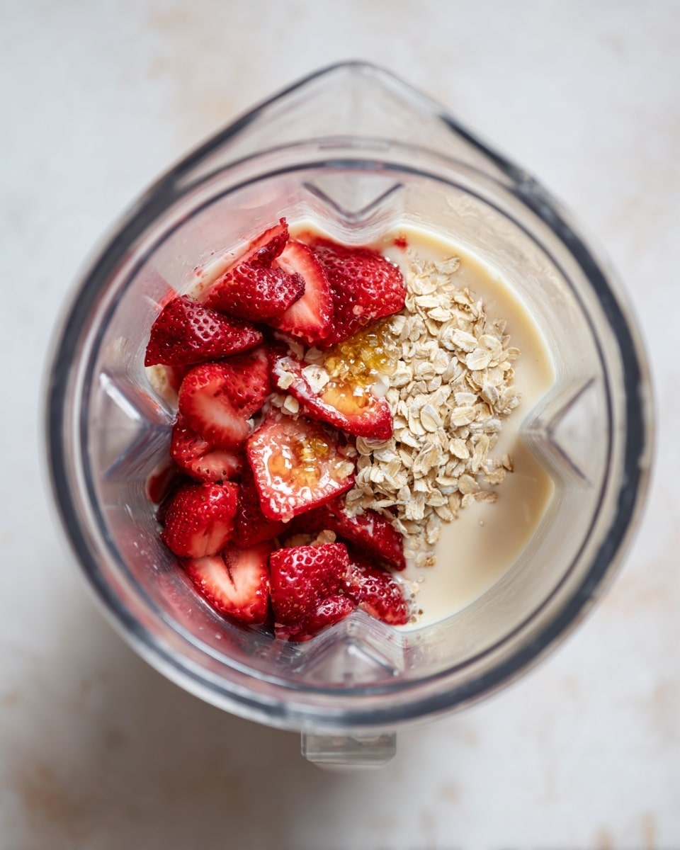 A clear blender jug sits on a white marbled surface, shown from above. Inside the jug, the bottom layer consists of small, light beige oat flakes. Above the oats, there is a creamy, off-white liquid, likely milk or a milk substitute, partially covering the oats. On top of this, there is a layer of whole red strawberries, some sliced to show their juicy red inside and seeds. A small drizzle of bright golden honey rests on the strawberries, adding a shiny texture. The blender jug’s clear walls reveal the layers clearly. photo taken with an iphone --ar 4:5 --v 7