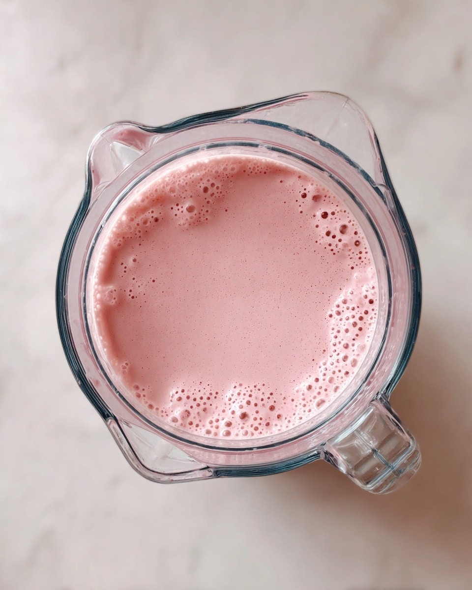A clear blender jar is shown from above, filled with a smooth, light pink mixture that has a creamy texture and small air bubbles across the surface, giving it a soft, airy look. The blender jar is placed on a white marbled surface, with light reflecting off the jar’s handle and rim, making it look clean and fresh. Photo taken with an iphone --ar 4:5 --v 7