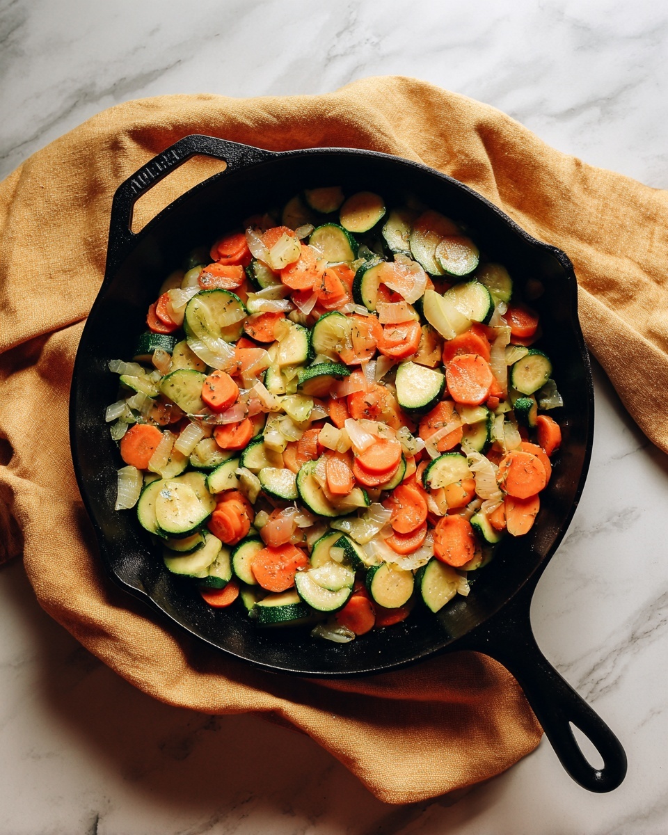 Skillet Vegetable Lasagna Recipe 4 A black cast iron pan filled with cooked mixed vegetables sits on a white marbled surface, the vegetables include bright green sliced zucchini pieces and vivid orange round carrot slices spread evenly on top of translucent cooked onion bits creating a colorful and fresh appearance, the pan handle extends out to the right and a mustard yellow cloth is placed behind the pan. photo taken with an iphone --ar 4:5 --v 7