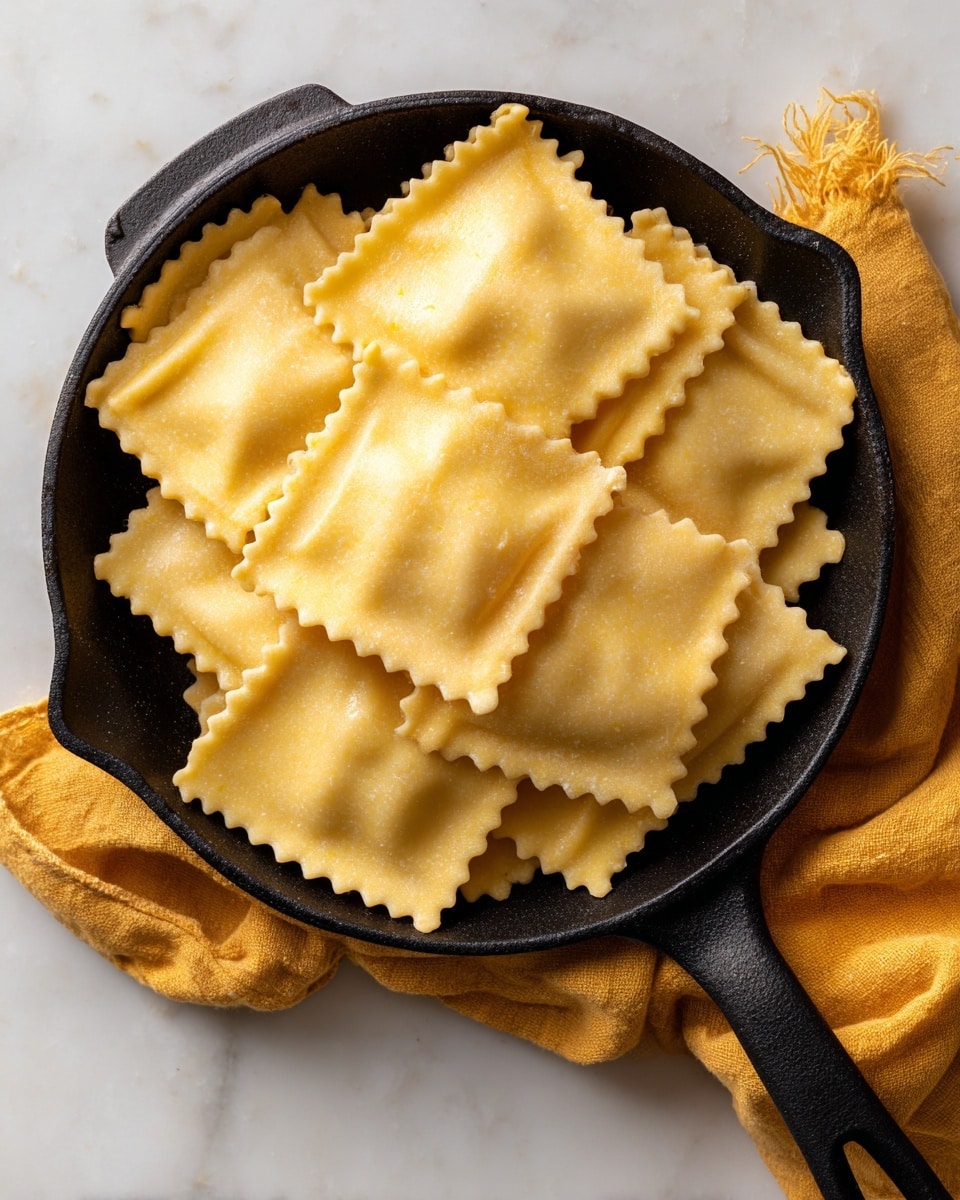 This image shows a black cast iron pan filled with many flat square pasta sheets with wavy edges layered unevenly on top of each other. The pasta sheets are pale yellow in color with a smooth and slightly shiny texture. The pan handle extends out to the right side, and a mustard yellow cloth is partly visible near the top right corner. The background surface is white marbled. photo taken with an iphone --ar 4:5 --v 7