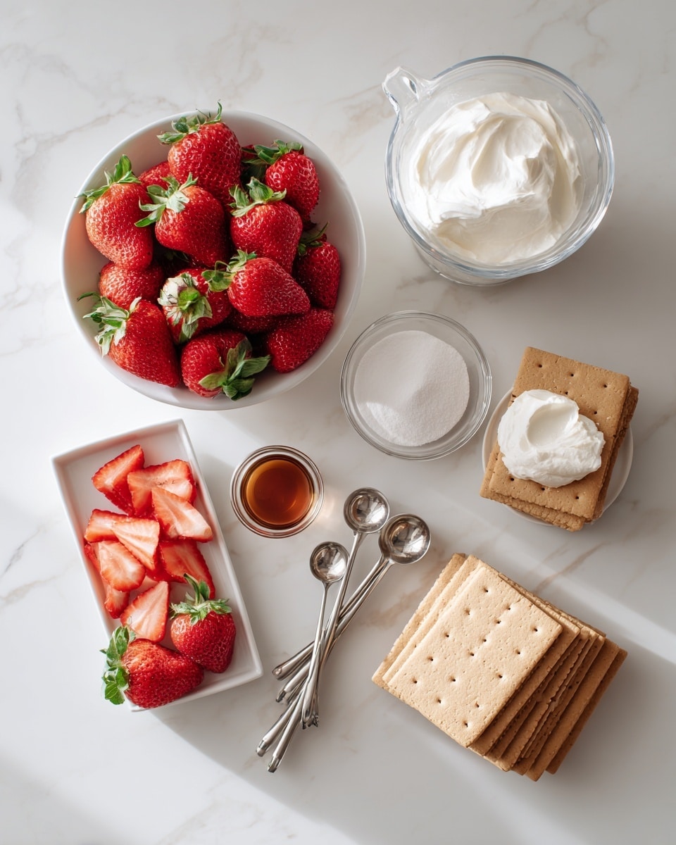 The image shows a square white baking dish with a layered dessert that has been partially served, revealing three layers: a crumbly light brown base, a smooth white middle layer, and a top layer covered with bright red sliced strawberries with green leaves and small mint leaves scattered on top. To the left, there is a white plate holding one square piece of the dessert topped with strawberries and a woman's hand holding a spatula with some white cream on it. Around the dish, fresh whole and halved strawberries, a bowl of whole strawberries, a plate with two graham crackers, and a peach-colored cloth with white lace edges are placed on a white marbled surface. The lighting is bright, highlighting the fresh colors of the dessert and strawberries. photo taken with an iphone --ar 4:5 --v 7