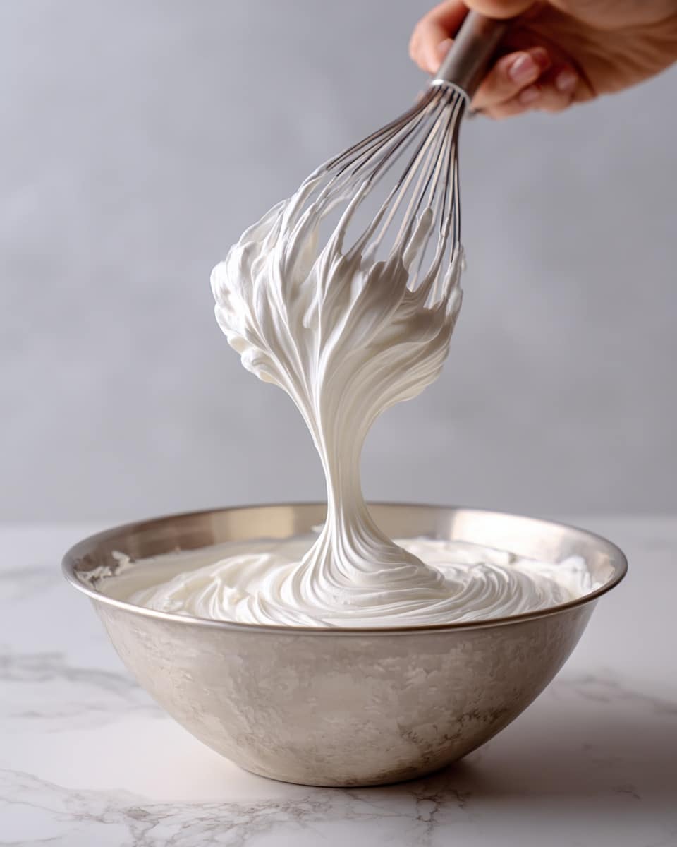 A close-up image of thick, white whipped cream with a smooth, glossy texture held above a silver mixing bowl. The whipped cream forms soft peaks on the metal whisk attachment, showing light reflection on its silky surface. The bowl has the same white whipped cream inside with gentle swirls around the edges, all placed on a white marbled surface. A woman's hand is holding the whisk gently from the bottom side. photo taken with an iphone --ar 4:5 --v 7