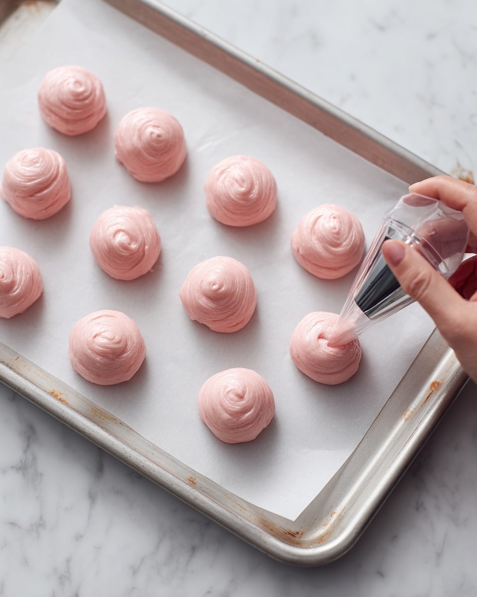 The image shows a baking tray lined with white parchment paper placed on a white marbled surface. On the parchment paper, there are ten evenly spaced round mounds of smooth, pale pink batter in the process of being piped from a clear piping bag with a metal tip. Each mound has a glossy, slightly textured surface with concentric swirls from the piping motion. A woman's hand holds the piping bag near the center of the frame, adding more batter to one of the mounds. The tray edges are slightly worn and visible at the top and left side. photo taken with an iphone --ar 4:5 --v 7