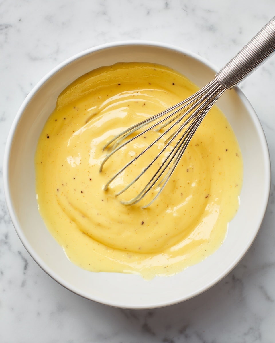 A white bowl filled with a smooth yellow batter that has tiny black specks evenly spread through it. A silver metal whisk rests inside the bowl, partially covered in the batter, with the handle extending out of the bowl towards the top right. The bowl sits on a white marbled surface, and the batter's texture looks creamy and slightly thick, with a few drips along the edge of the bowl. photo taken with an iphone --ar 4:5 --v 7