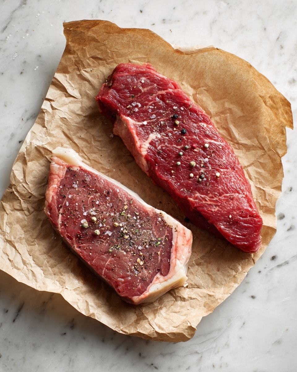 Two raw pieces of steak rest on crumpled brown parchment paper. The top steak is a darker red with visible fat streaks and specks of black pepper sprinkled on top, while the bottom steak is lighter in color, also dotted with black pepper and pale fat lines around the edges. The paper lies flat on a white marbled surface, and no other objects are in the frame. photo taken with an iphone --ar 4:5 --v 7