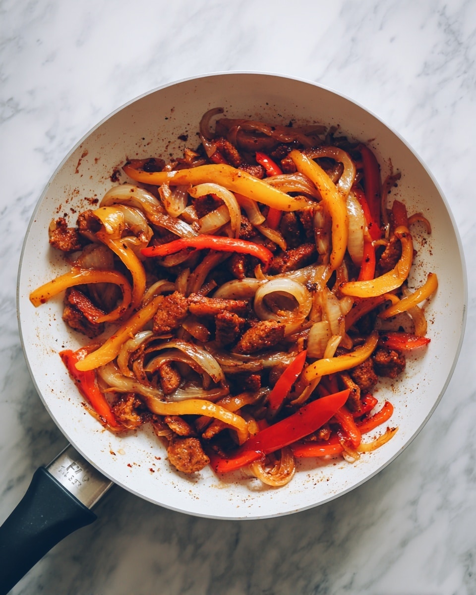 A white frying pan holds cooked food with layers of sliced, reddish-brown meat pieces mixed with long, curved slices of yellow bell pepper and caramelized onion strips, all seasoned with visible black and red spices, set on a white marbled surface. photo taken with an iphone --ar 4:5 --v 7
