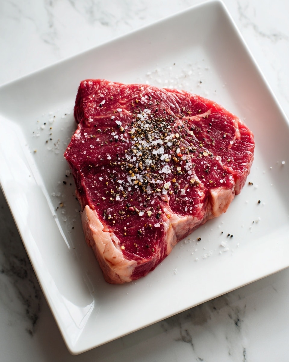 A large, raw piece of red meat sits in the center of a white square plate, placed on a white marbled surface. The meat has a firm texture and is sprinkled generously with black pepper and coarse white salt, covering the top surface unevenly. The meat has visible marbling and a natural sheen, showing its freshness. Photo taken with an iphone --ar 4:5 --v 7