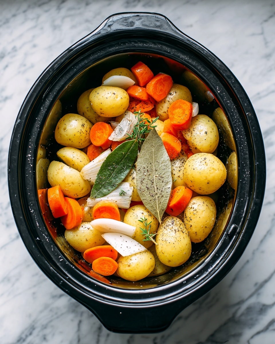 A black slow cooker filled with layers of ingredients is shown from above. The first layer consists of many small yellow baby potatoes spread evenly around the cooker. On top of the potatoes, there are several pieces of bright orange carrot slices arranged in small clusters, along with chunks of white onion scattered unevenly. In the center, there are two large bay leaves laid flat on the potatoes, and the whole dish is sprinkled with black pepper and dried herbs. The slow cooker is placed on a white marbled surface. photo taken with an iphone --ar 4:5 --v 7