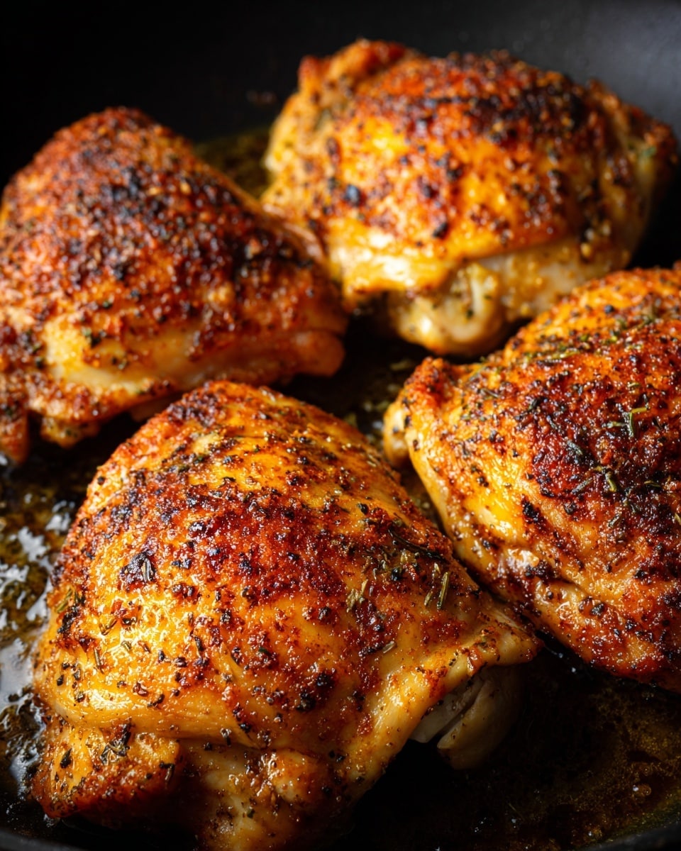 The image shows four cooked chicken pieces in a black pan. Each chicken piece has a golden brown color with darker, crispy spots and a textured surface that suggests a seasoned crust. The chicken pieces are arranged close together, covering most of the pan's surface. The pan has shiny oil or juices around the chicken, adding a slight reflective quality. The background is the pan's inside, which is dark and contrasts with the warm tones of the chicken. Photo taken with an iphone --ar 4:5 --v 7