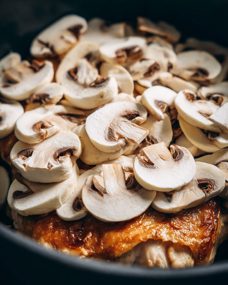 The image shows a close-up of a dark round pot filled with a cooked chicken layer at the bottom, which has a golden-brown crispy skin. On top of the chicken, there is a thick layer of fresh sliced white mushrooms evenly spread out, showcasing their smooth white caps and brown gills. The chicken's surface peeks through the gaps between mushroom slices, which have a moist and slightly shiny texture. The pot's interior is dark and contrasts with the light color of the mushrooms and chicken skin. photo taken with an iphone --ar 4:5 --v 7